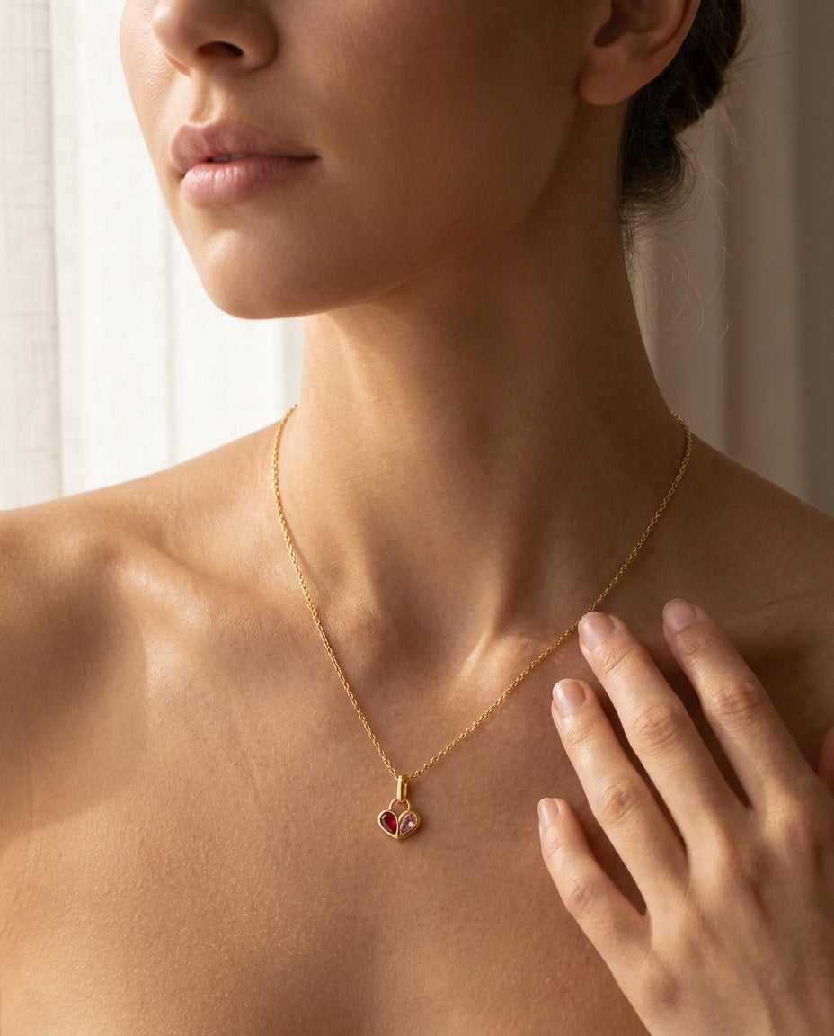 Duo Heart Gemstone Necklace in Gold - Birthstone Necklace