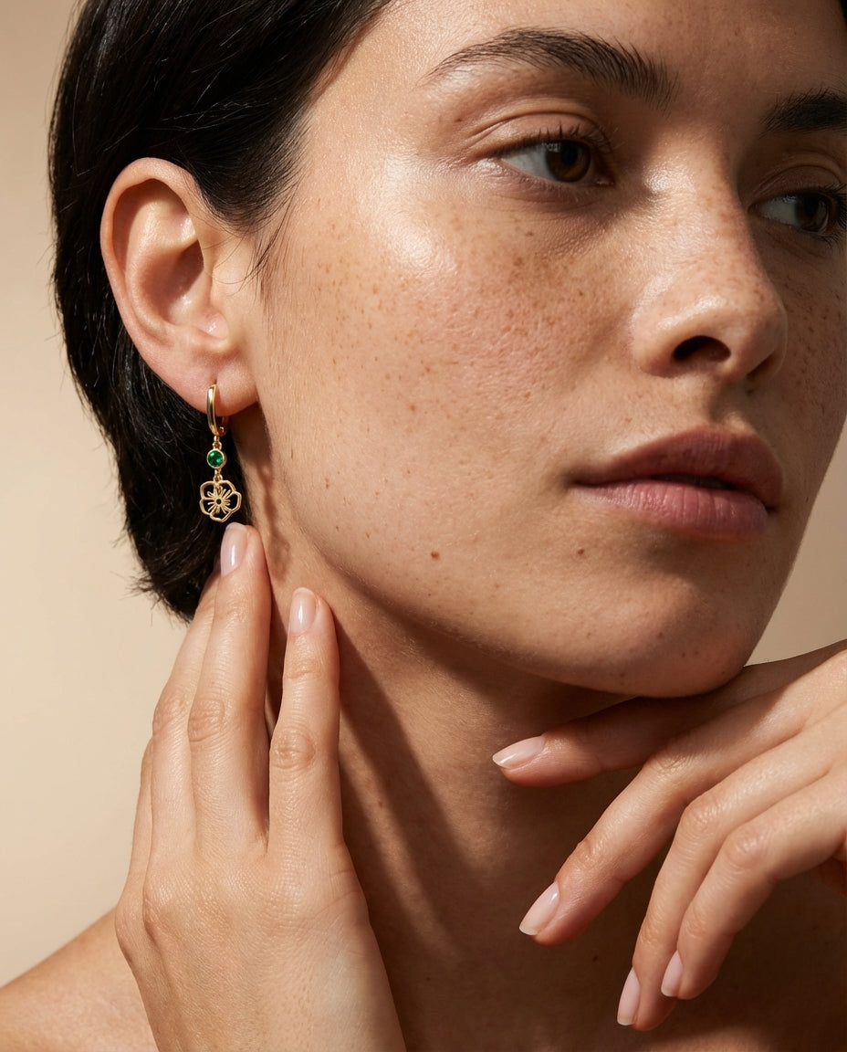 Gold Flower Dangle Hoop Earrings with Emerald Green Stone
