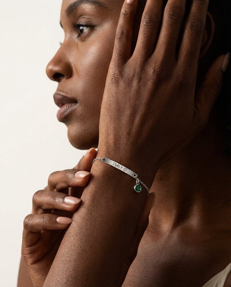 Personalized Gold Bar Bracelet with Birthstone - Engraved Name Jewelry