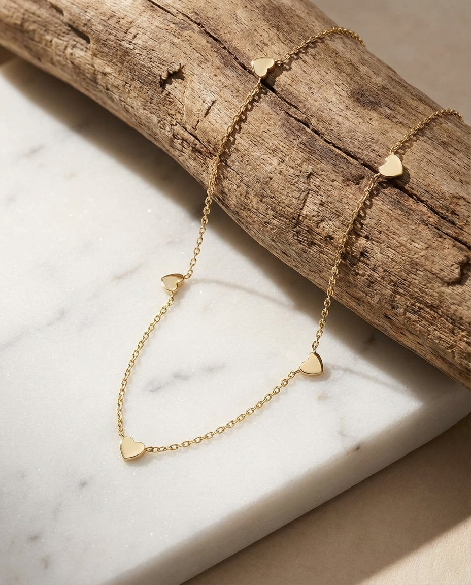 Dainty Gold Heart Station Necklace | Minimalist Charm Jewelry