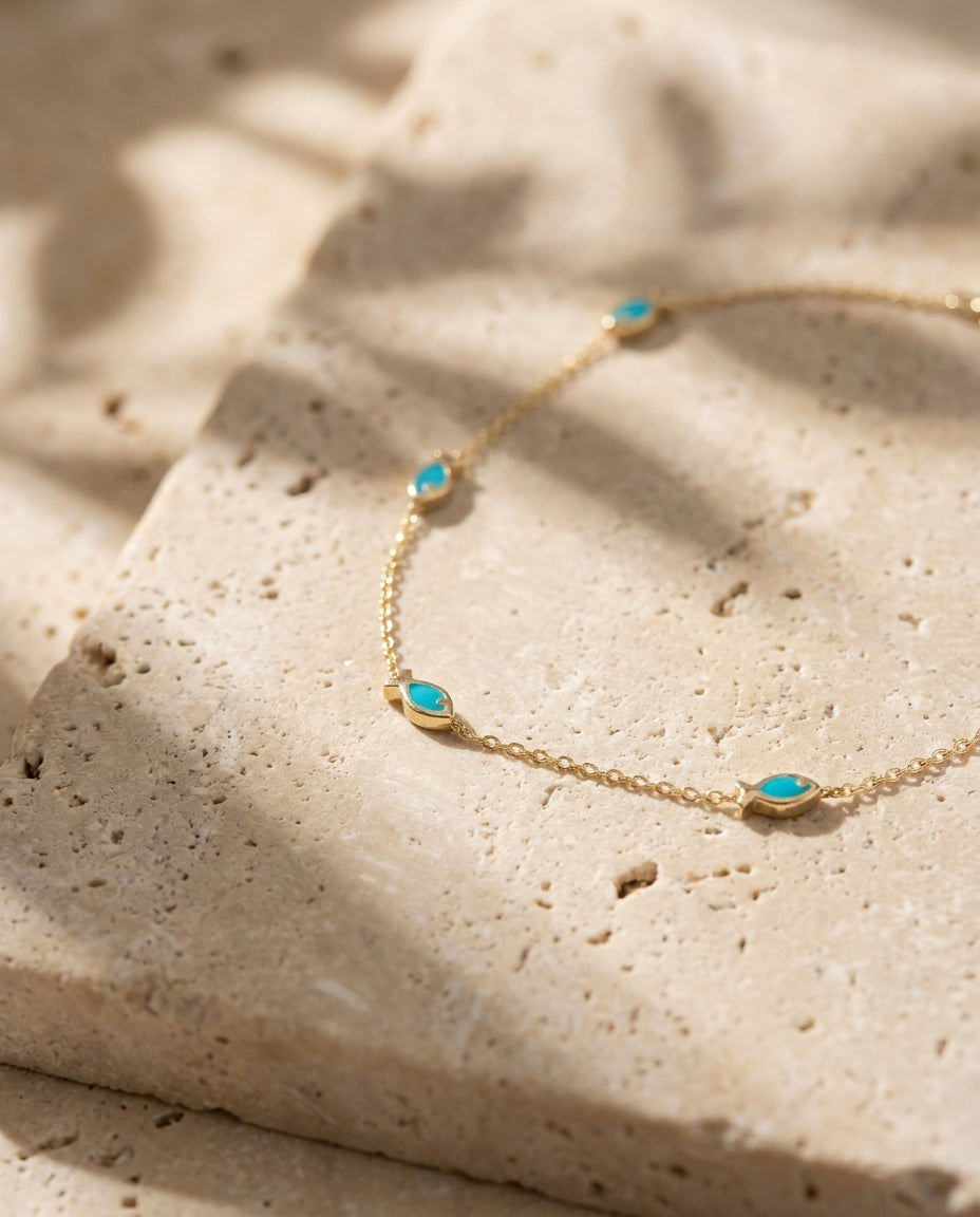 Dainty Gold Bracelet with Turquoise Fish Charms