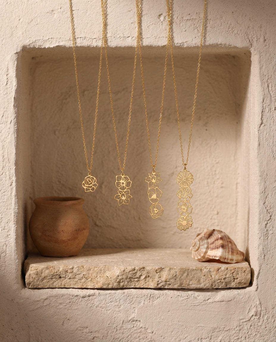 Vertical Gold Birth Flower Necklace | Personalized Floral Charm