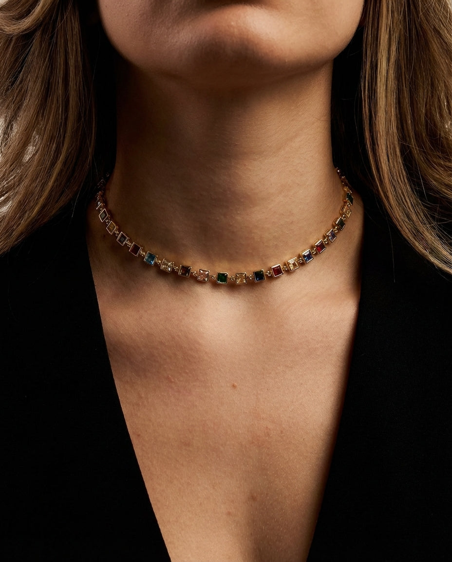 Rainbow Crystal Tennis Necklace - Gold Square-Cut Choker