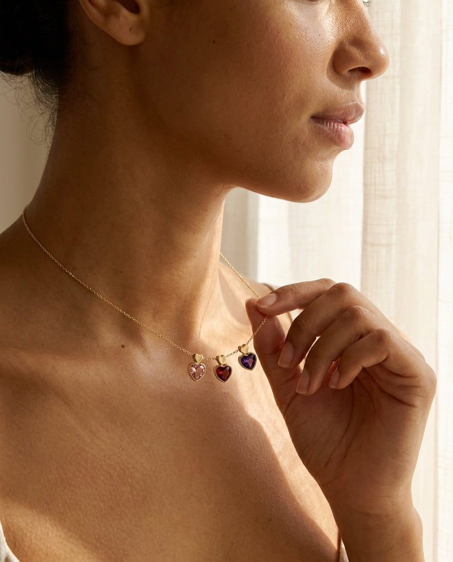 Personalized Triple Heart Birthstone Necklace in Gold