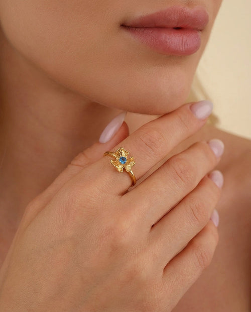 Artisan Gold Pansy Ring with Birthstone Ring
