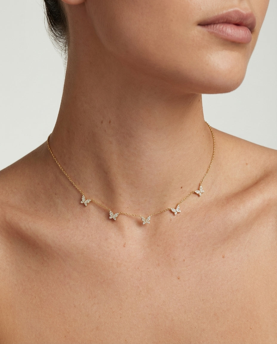 Dainty Pavé Diamond Butterfly Station Necklace in Gold