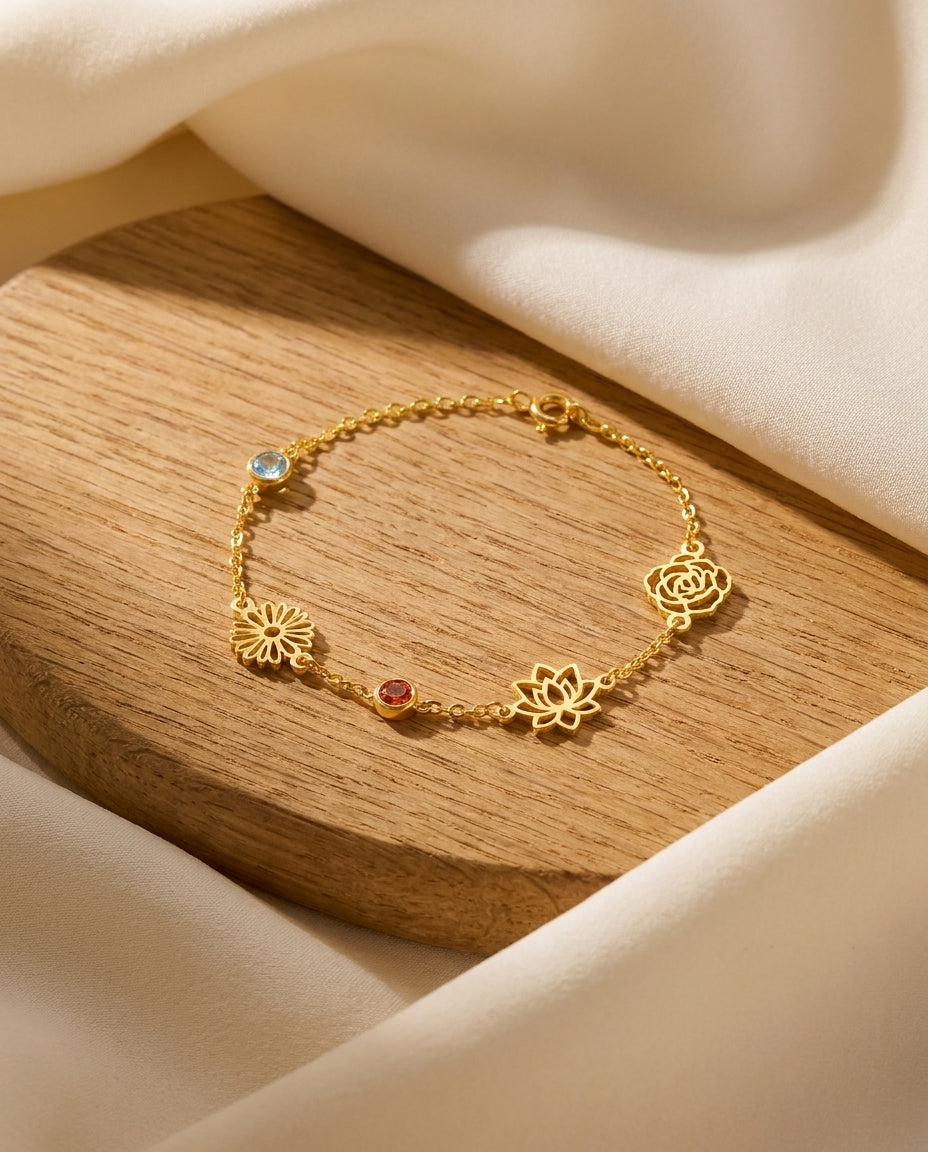 Dainty Gold Flower Charm Bracelet with Gemstones