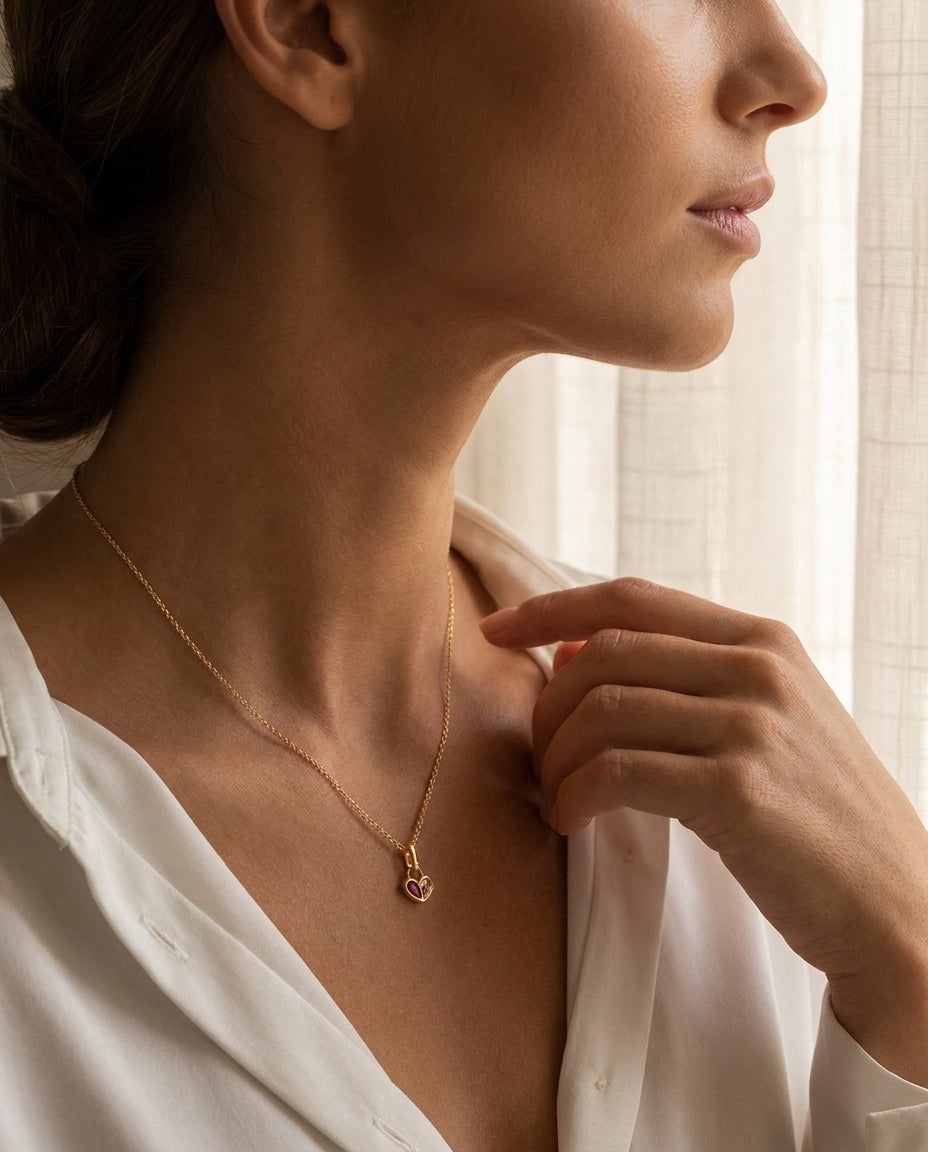 Duo Heart Gemstone Necklace in Gold - Birthstone Necklace