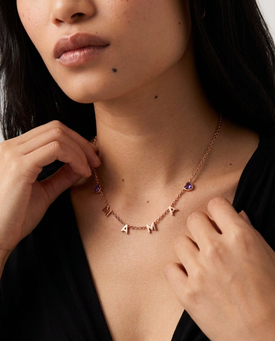 Rose Gold MAMA Necklace with Custom Heart Birthstones