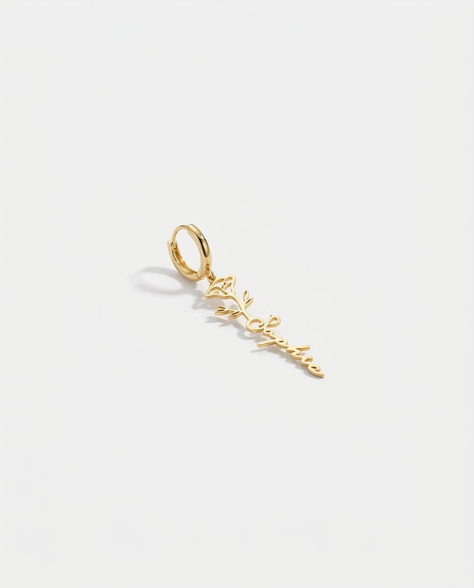 Personalized Birth Flower Name Earring - Custom Gold Jewelry