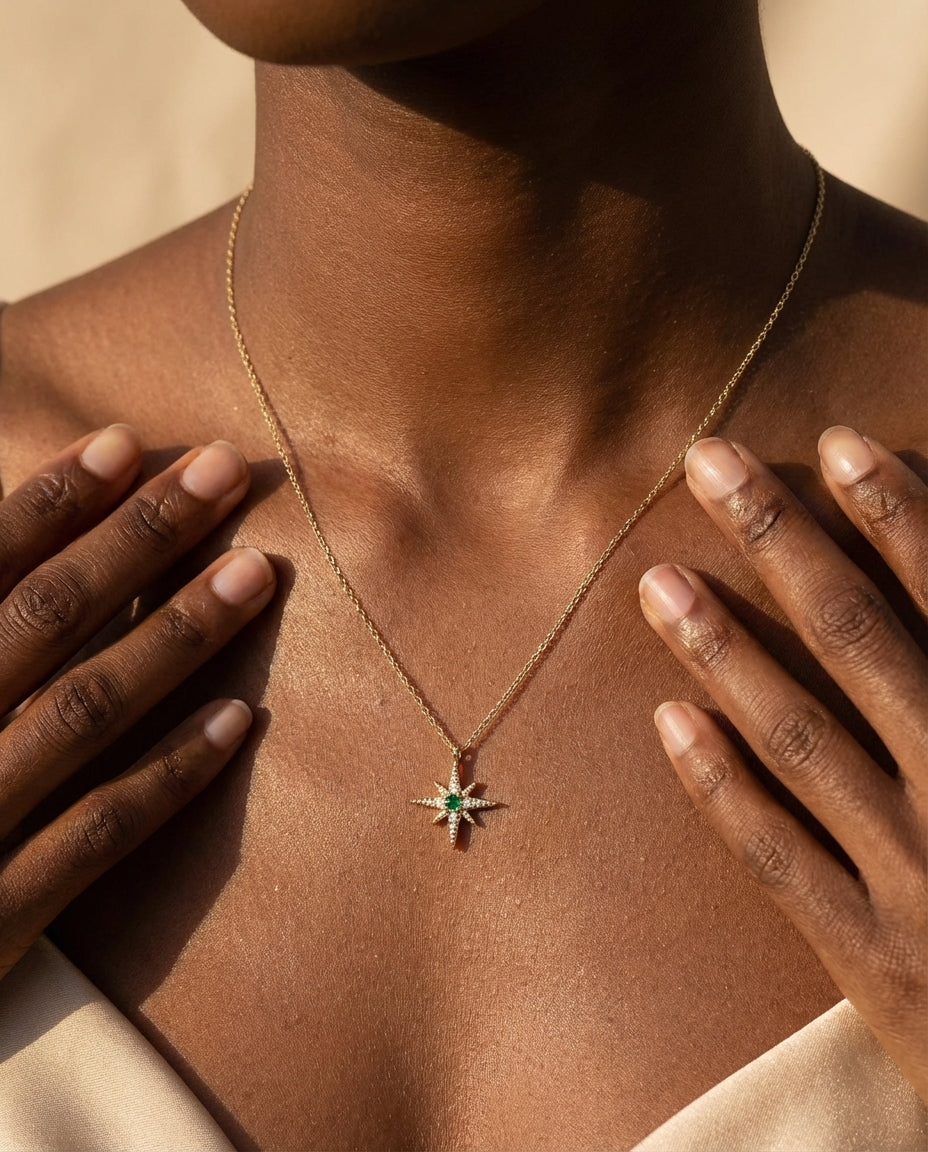 Emerald Starburst Gold Pendant Necklace | Celestial Jewelry