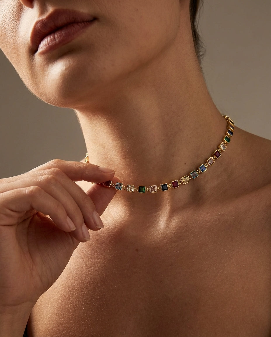 Rainbow Crystal Tennis Necklace - Gold Square-Cut Choker