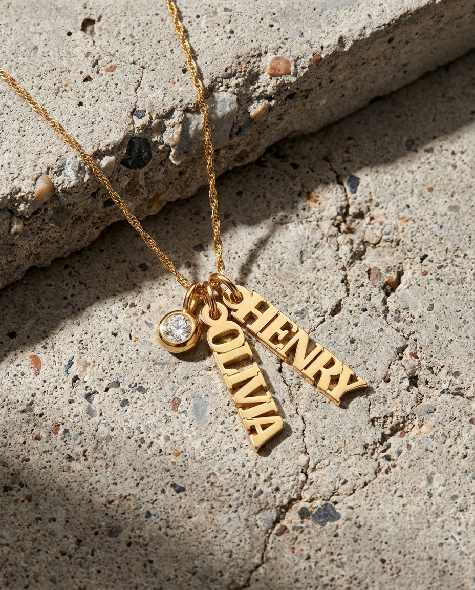 Personalized Vertical Name Necklace with Birthstone in Gold