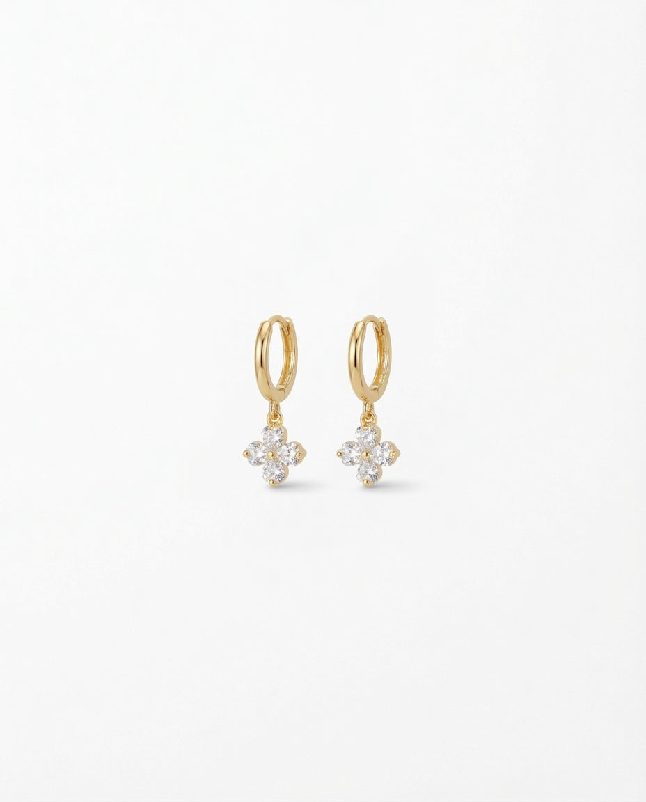 Sparkling Crystal Clover Huggie Earring | Gold Dangle Charm