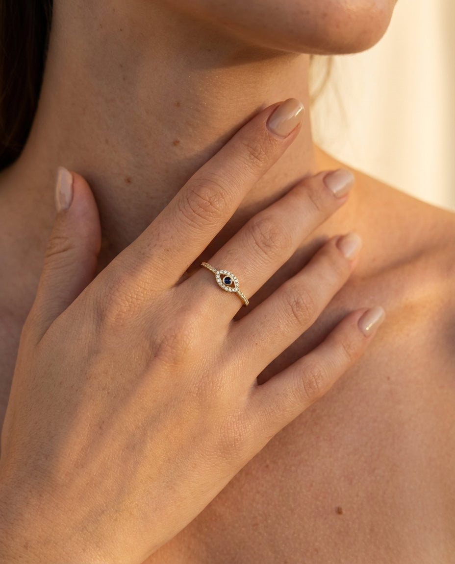 Dainty Gold Evil Eye Ring with Diamond & Sapphire