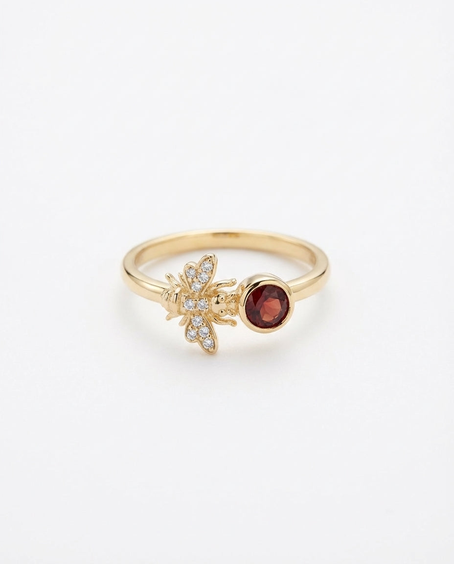Gold Bee Ring with Birthstone & Pave Ring