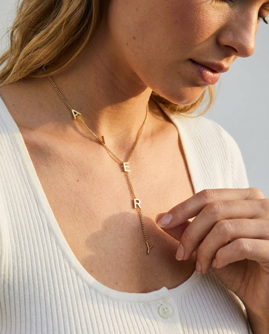 Personalized Gold Name Lariat Necklace - Dainty Letter Jewelry