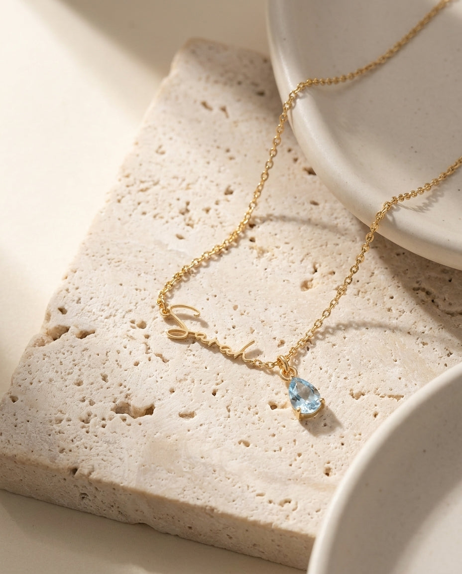 Personalized Gold Name Necklace with Birthstone Charm
