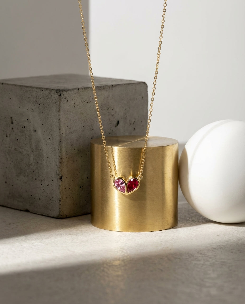 Gold Toi et Moi Heart Birthstone Necklace