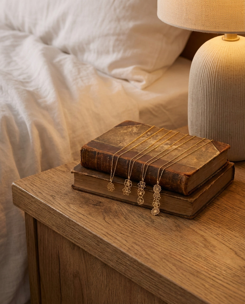 Vertical Gold Birth Flower Necklace | Personalized Floral Charm