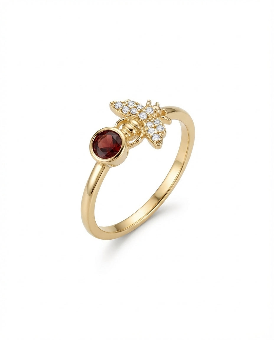 Gold Bee Ring with Birthstone & Pave Ring