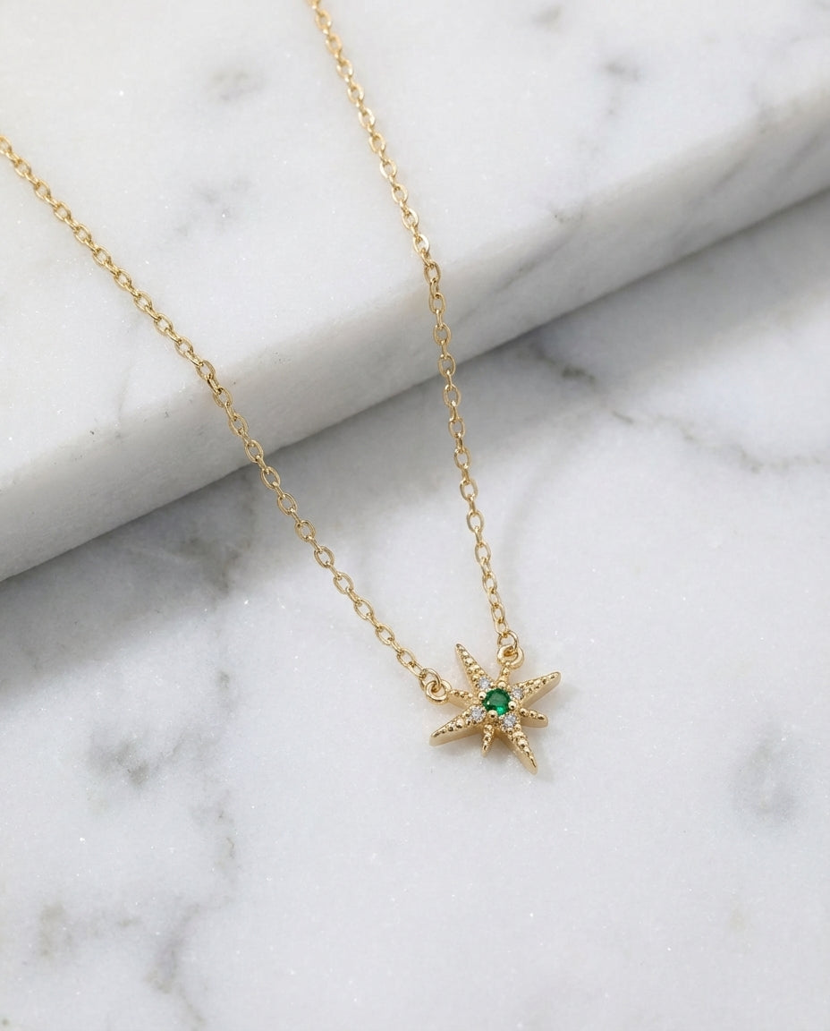 Emerald Starburst Gold Pendant Necklace | Celestial Jewelry