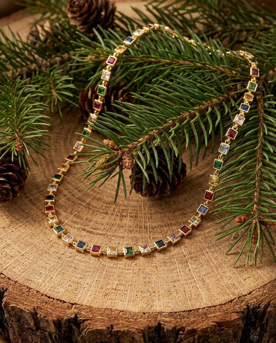 Vivid Rainbow Gemstone Gold Tennis Necklace