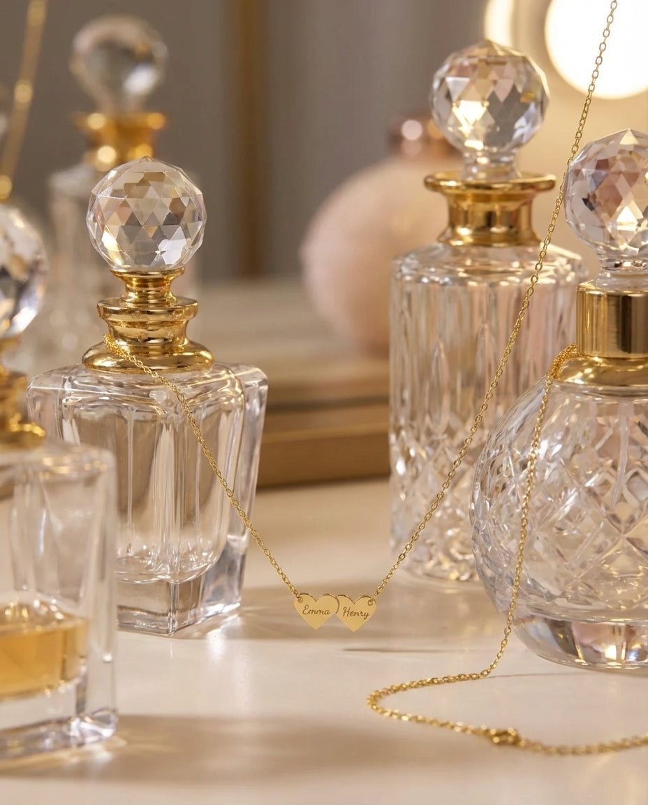 Personalized Double Heart Name Necklace - Custom Gold Jewelry Gift