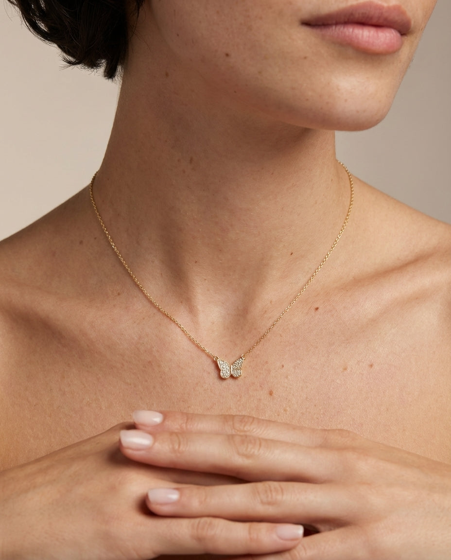 Dainty Gold Butterfly Necklace with Pave Diamonds