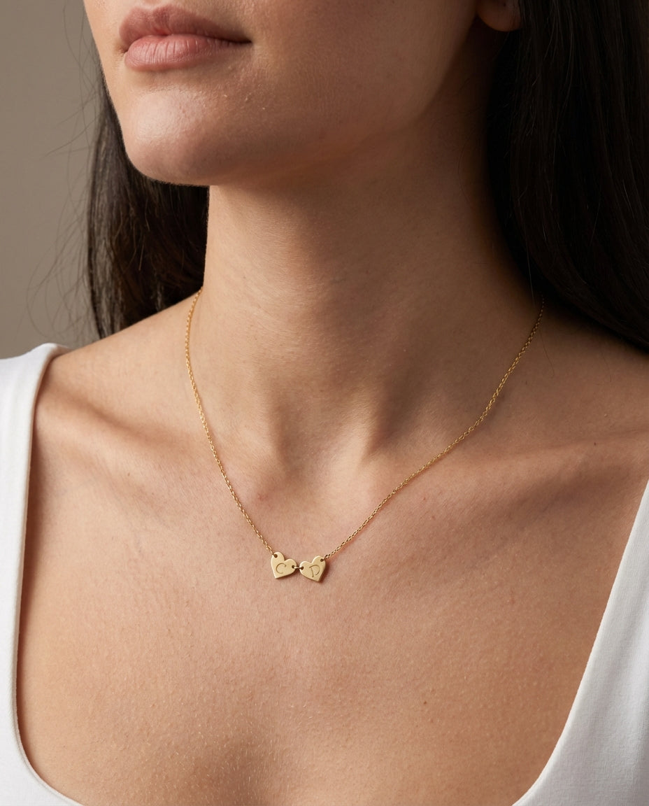 Personalized Double Heart Initial Necklace - Dainty Gold Jewelry