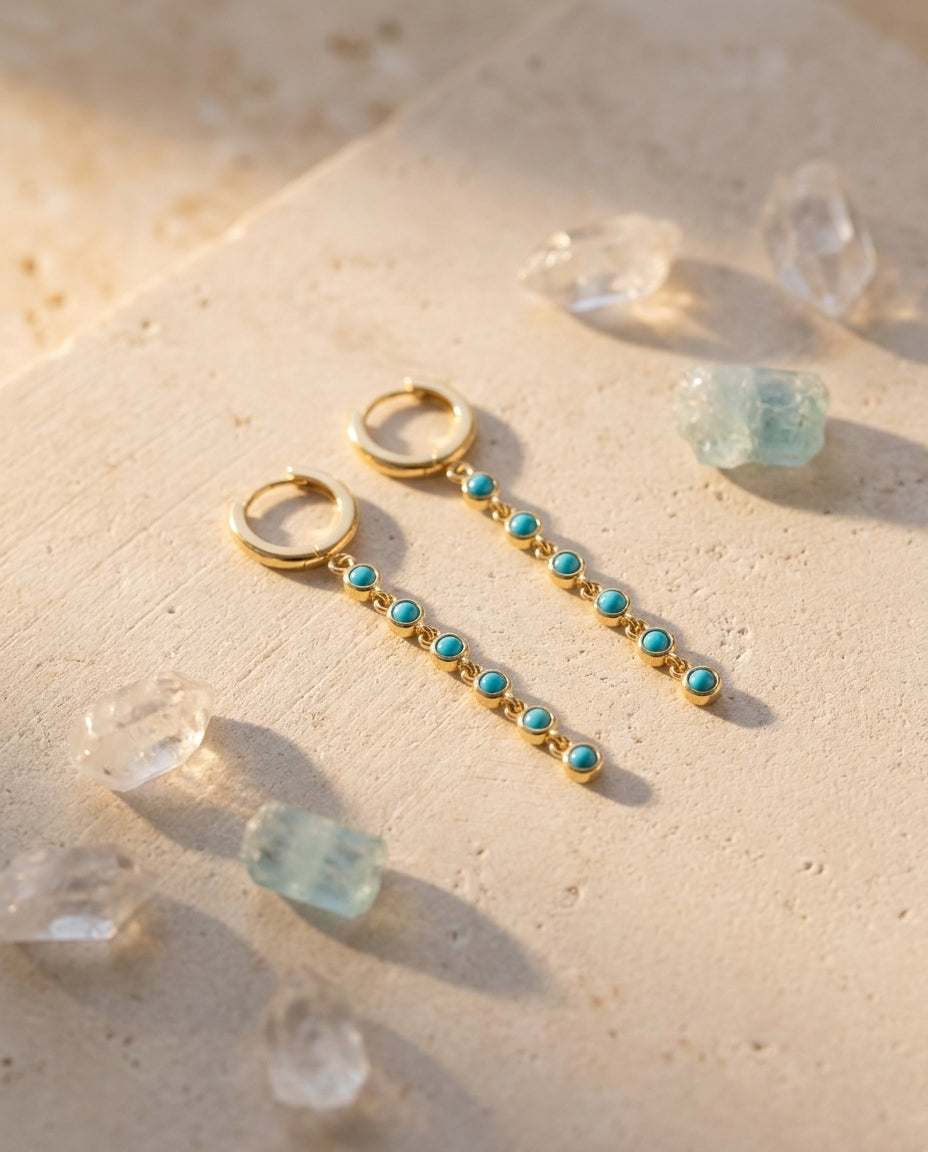 Elegant Turquoise Chain Drop Gold Hoop Earrings