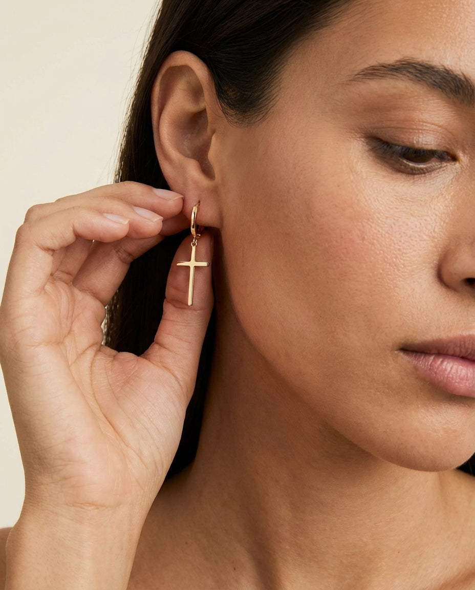 Gold Cross Dangle Hoop Earrings | Minimalist Faith Jewelry