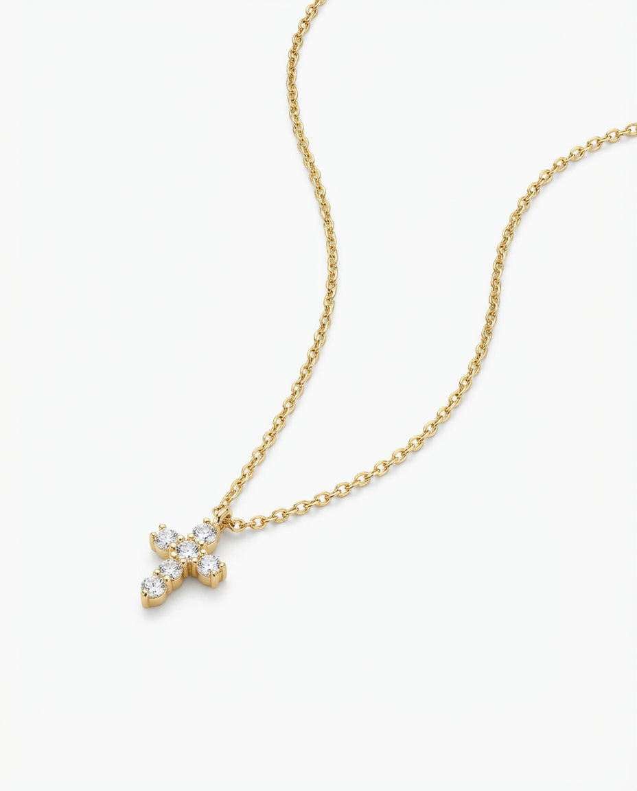 Dainty Gold Cross Necklace with Sparkling CZ Stones