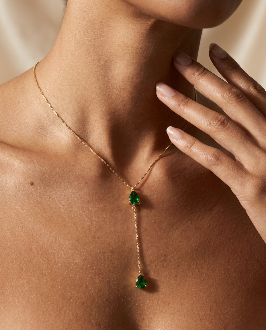 Emerald Green Teardrop Lariat Necklace | Dainty Gold Y-Necklace