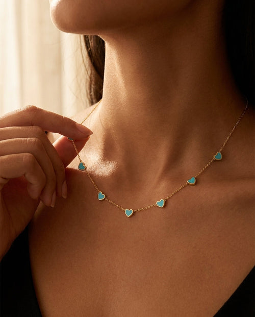 Dainty Turquoise Heart Station Necklace in Gold