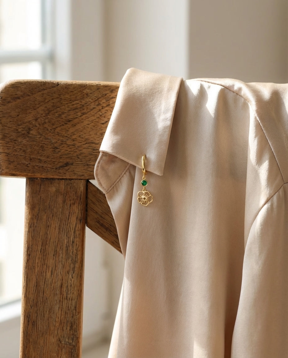 Gold Flower Dangle Hoop Earrings with Emerald Green Stone