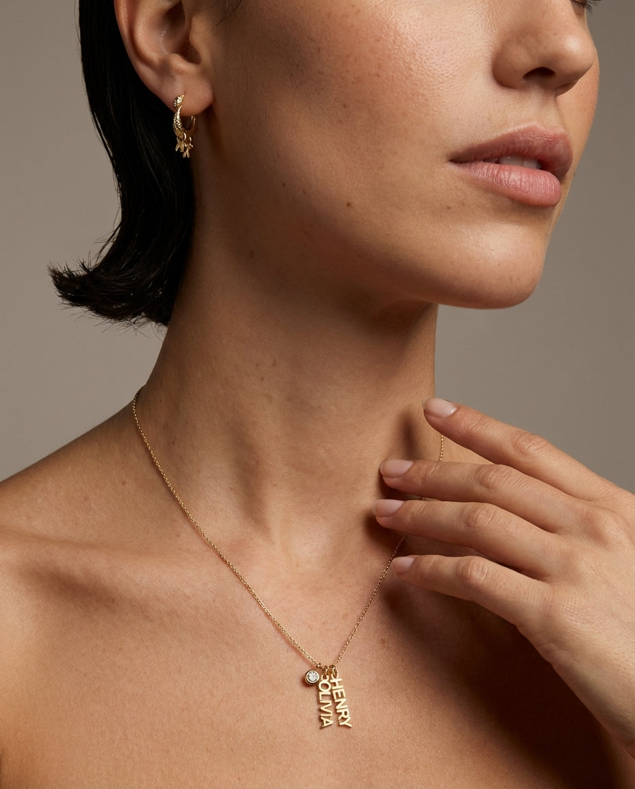 Personalized Vertical Name Necklace with Birthstone in Gold