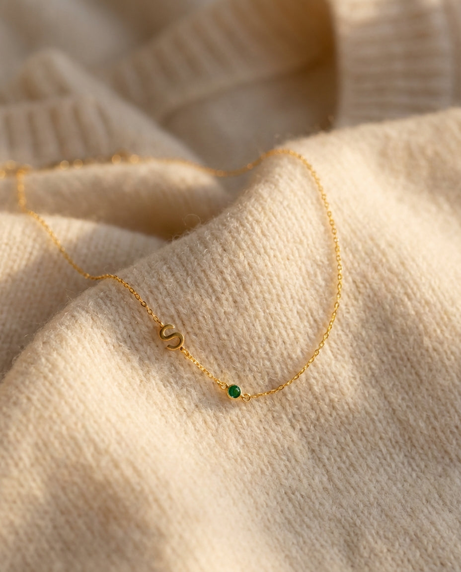 Personalized Initial & Birthstone Gold Necklace