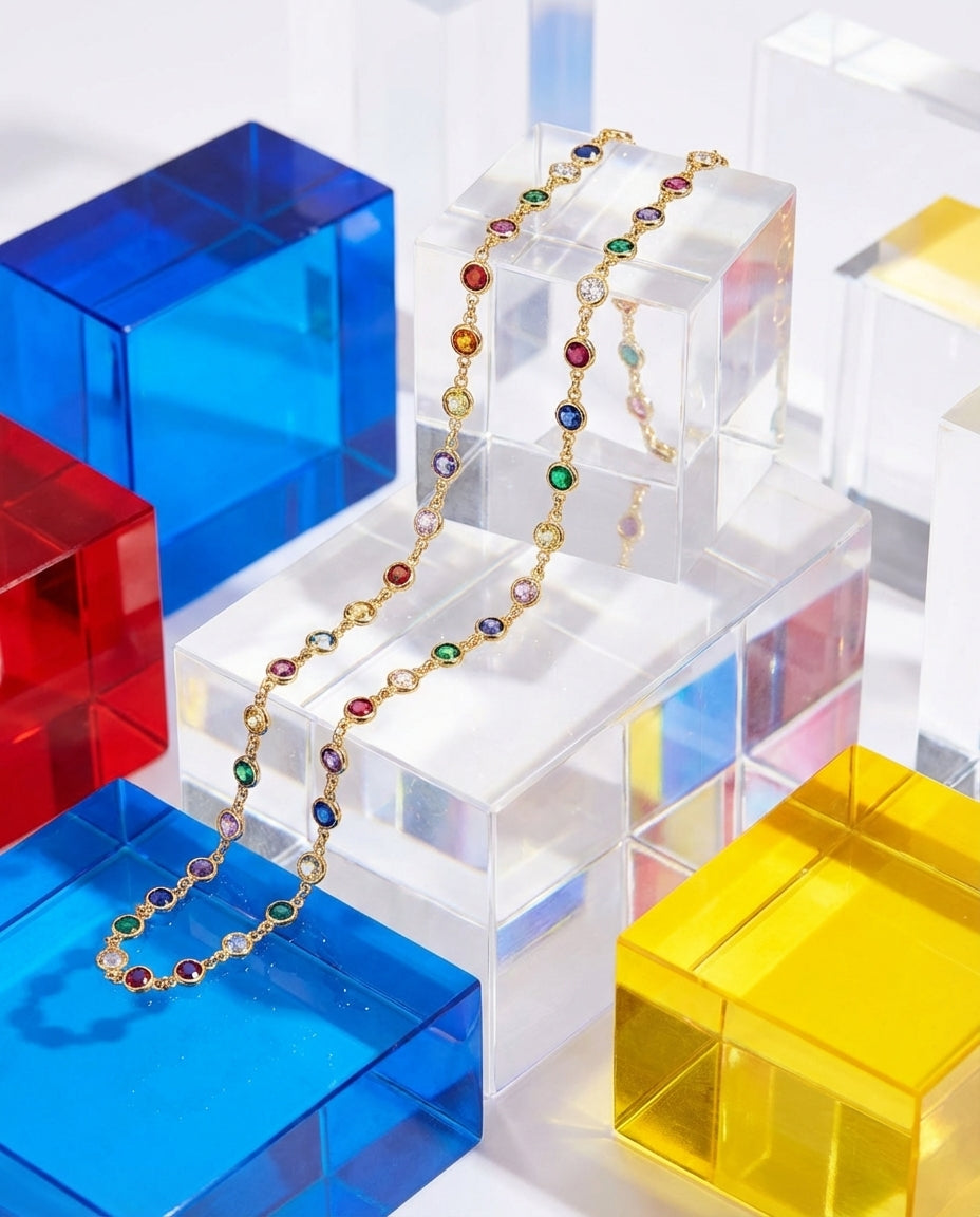 Vivid Rainbow Gemstone Gold Station Necklace
