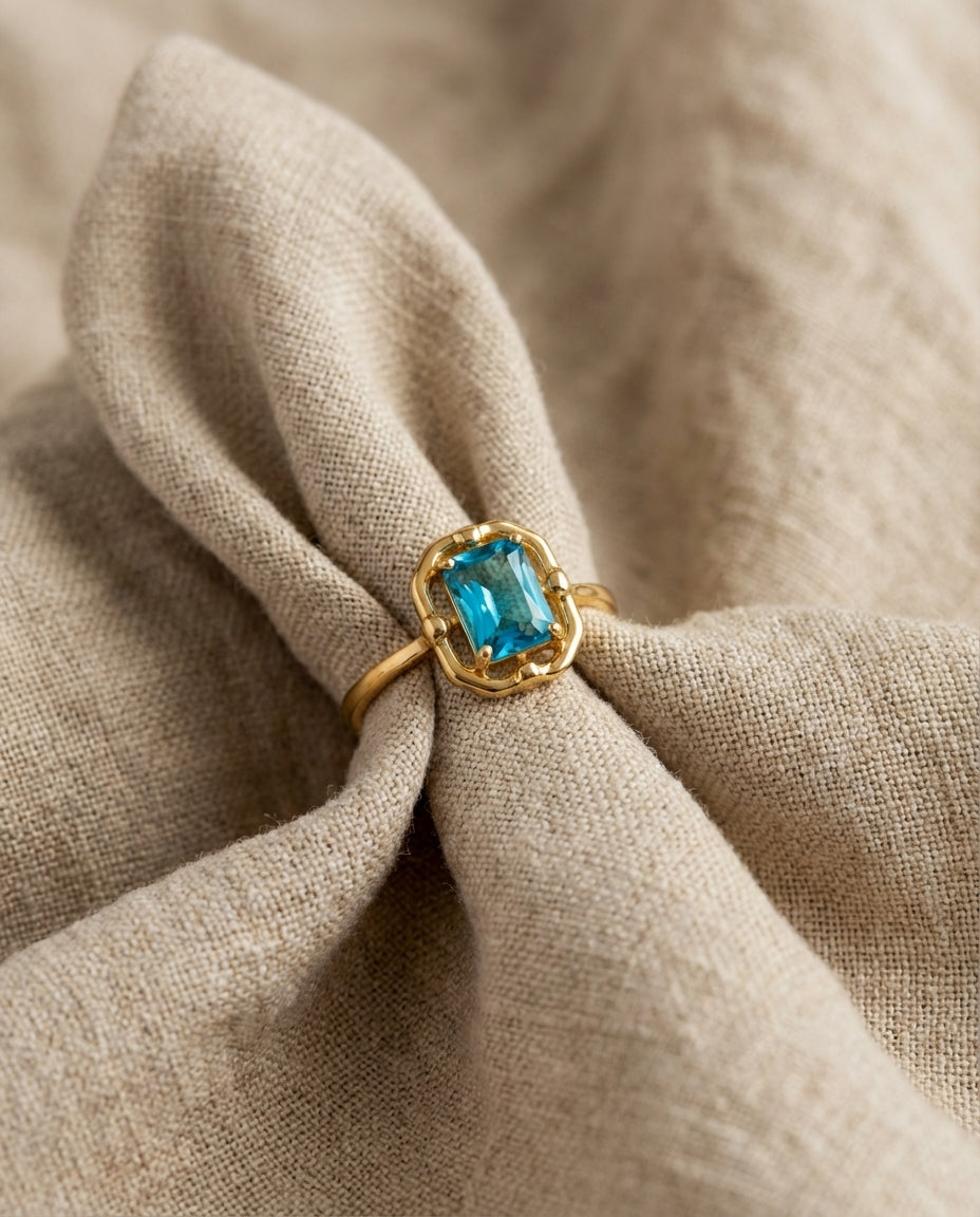 Vintage Gold Ring with Emerald Cut Blue Topaz