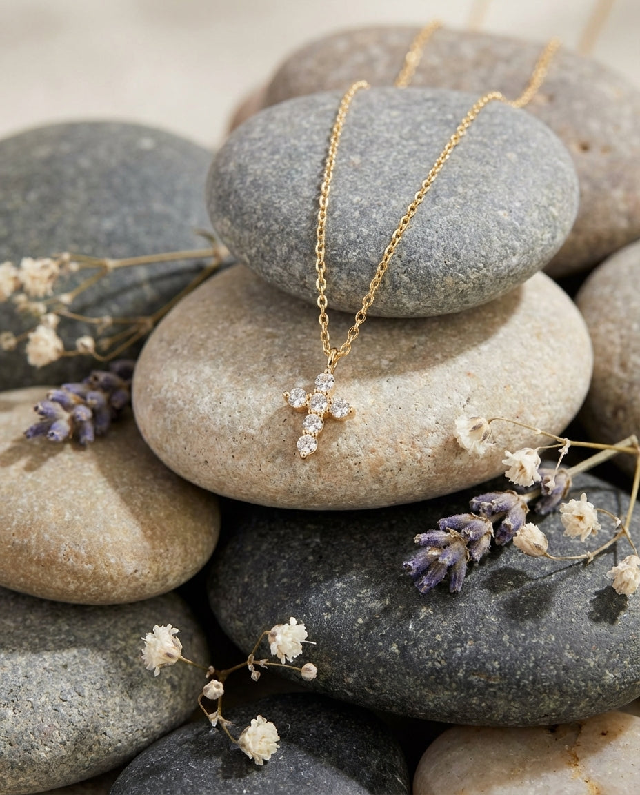 Dainty Pave Crystal Cross Necklace in Gold