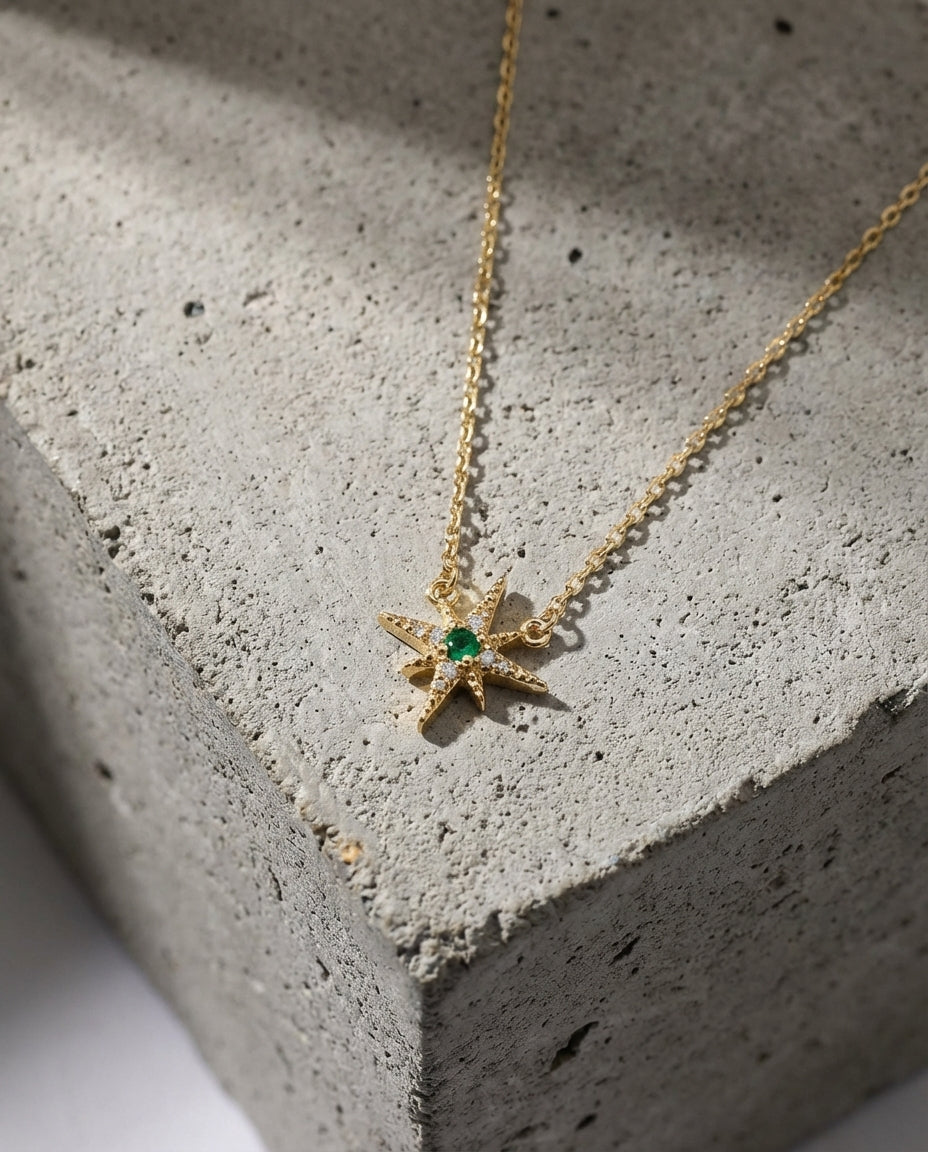 Emerald Starburst Gold Pendant Necklace | Celestial Jewelry