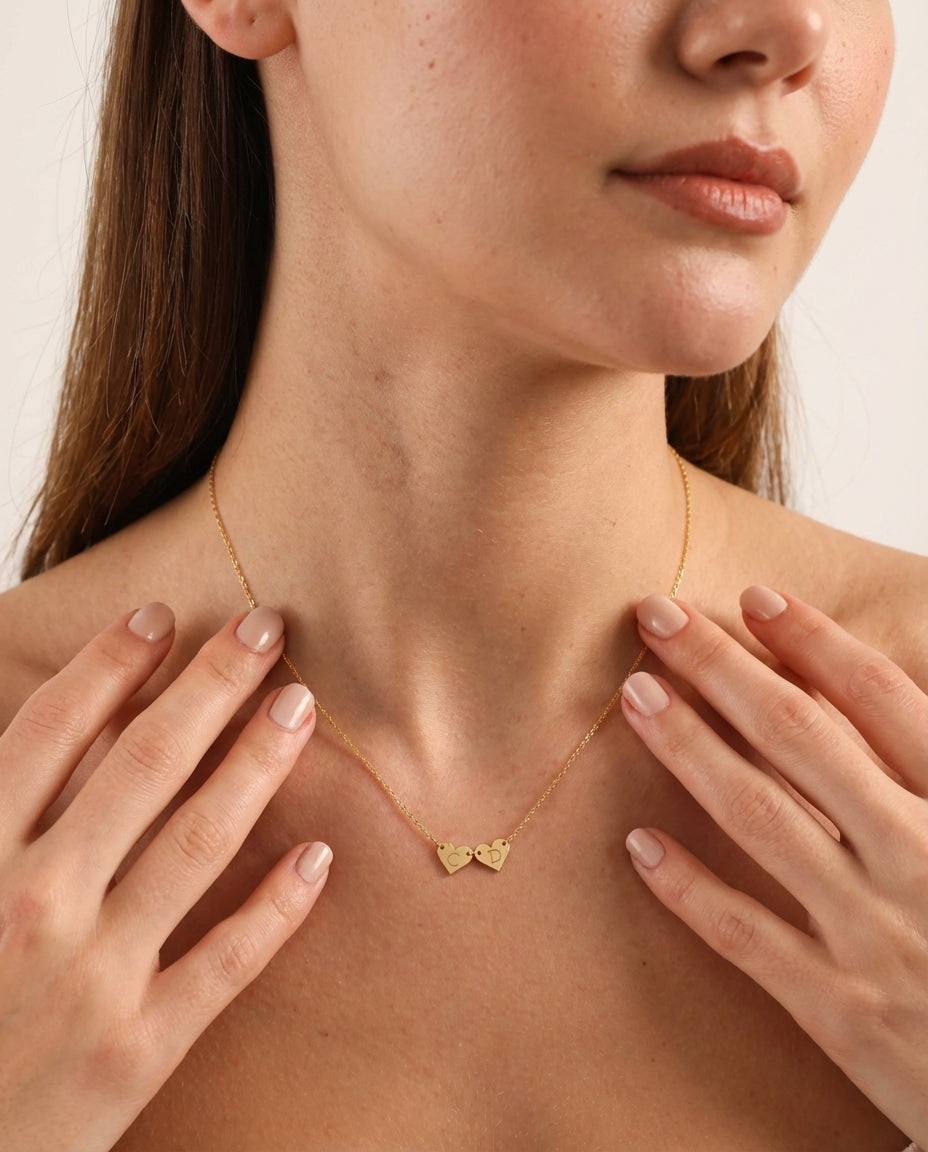 Personalized Double Heart Initial Necklace - Dainty Gold Jewelry