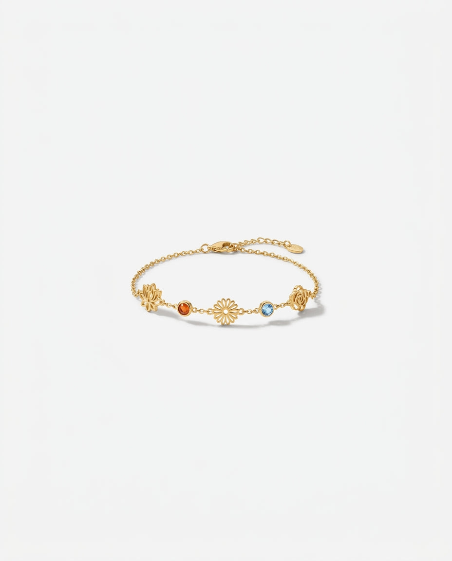 Dainty Gold Flower Charm Bracelet with Gemstones