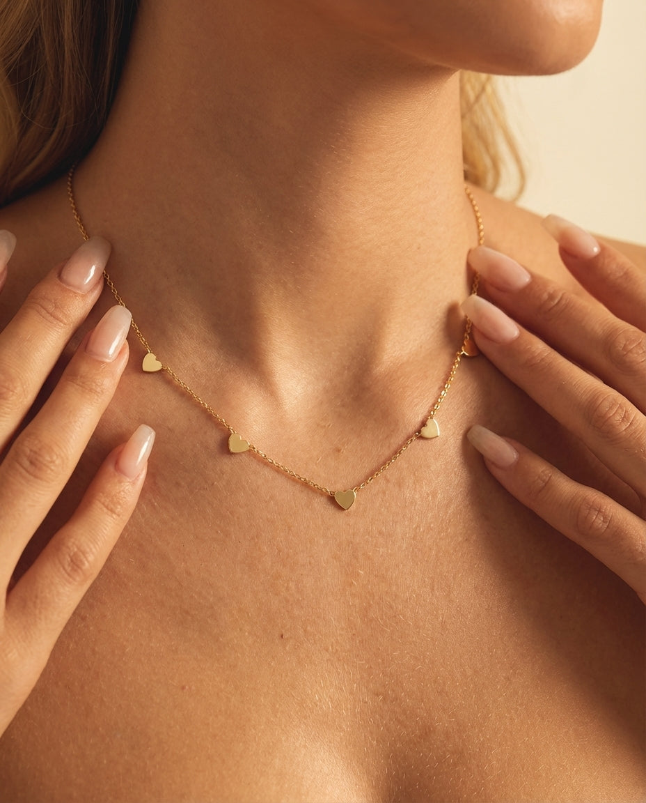Dainty Gold Heart Station Necklace | Minimalist Charm Jewelry