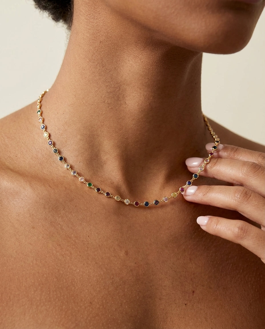 Vibrant Rainbow Gemstone Bezel Set Station Necklace