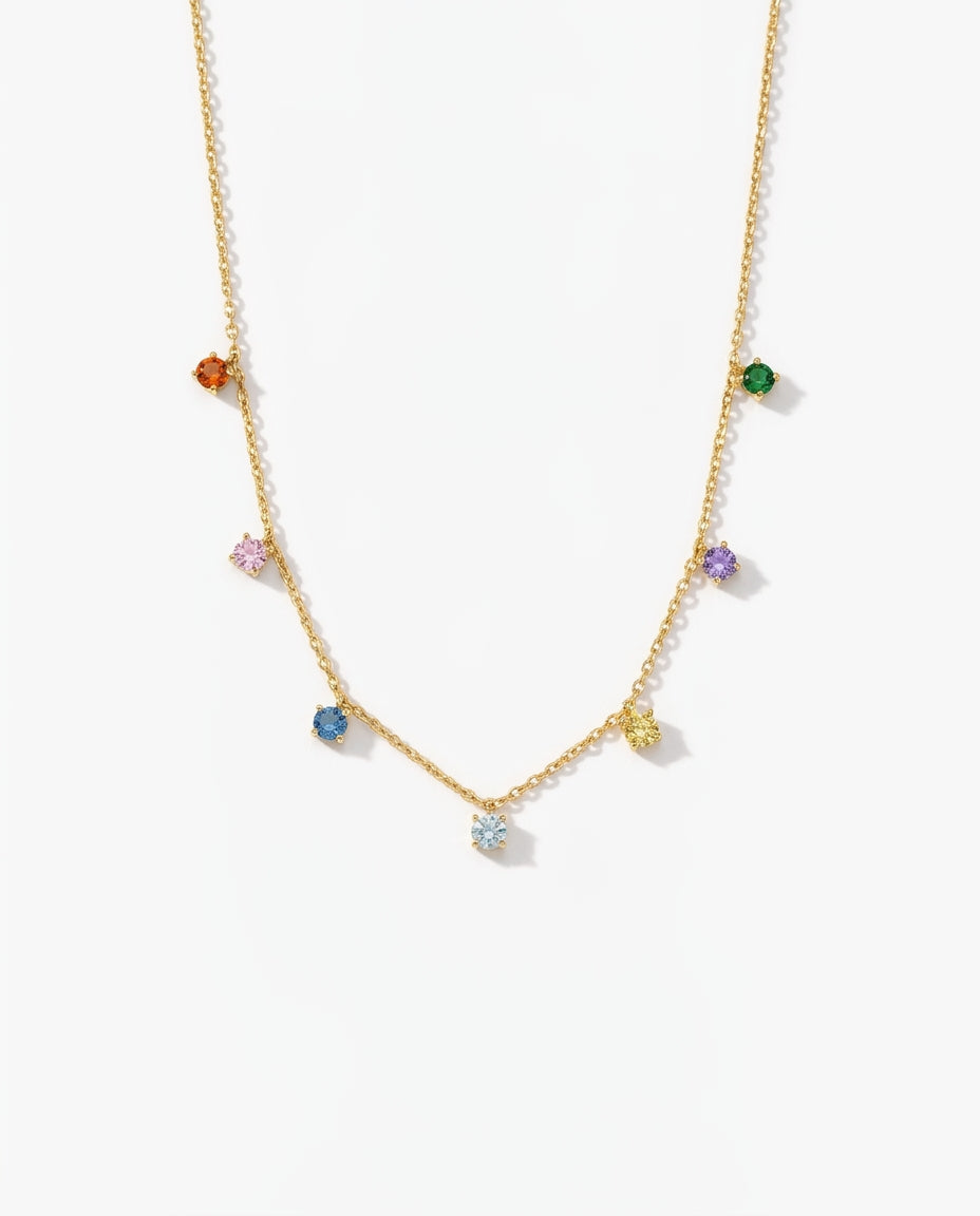 Dainty Rainbow Gemstone Station Necklace in Sterling Silver