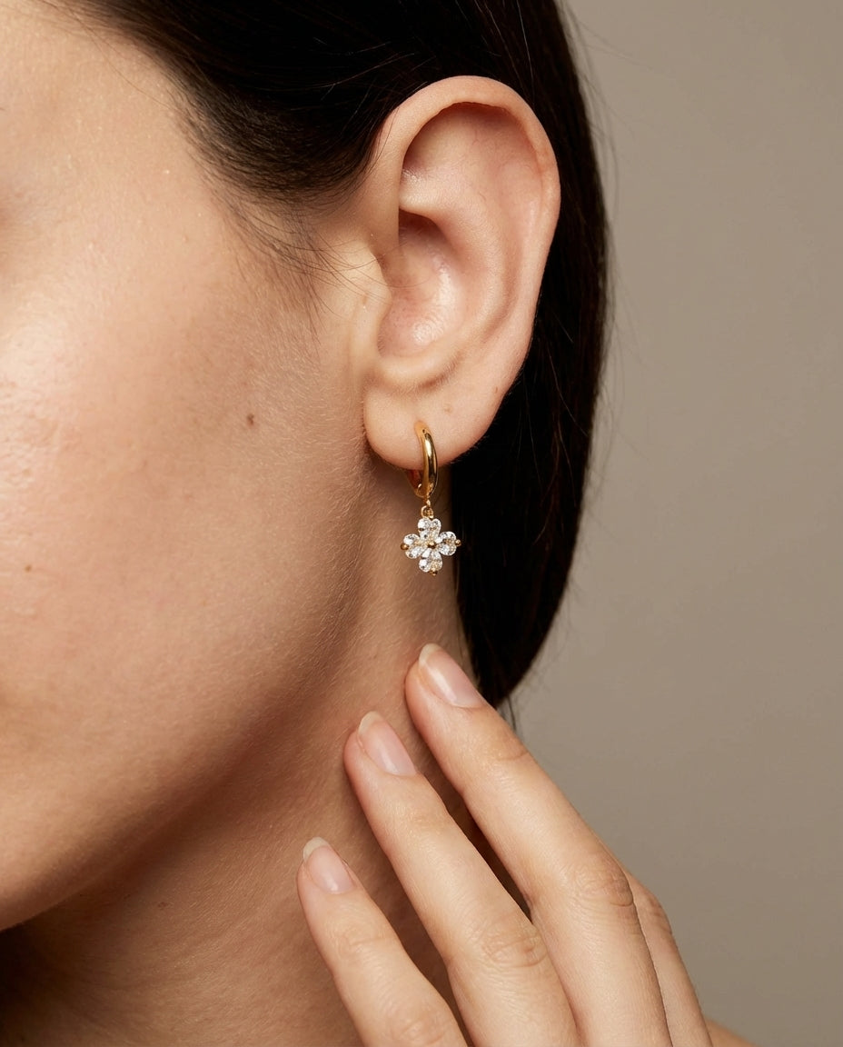 Crystal Clover Charm Gold Huggie Hoop Earring