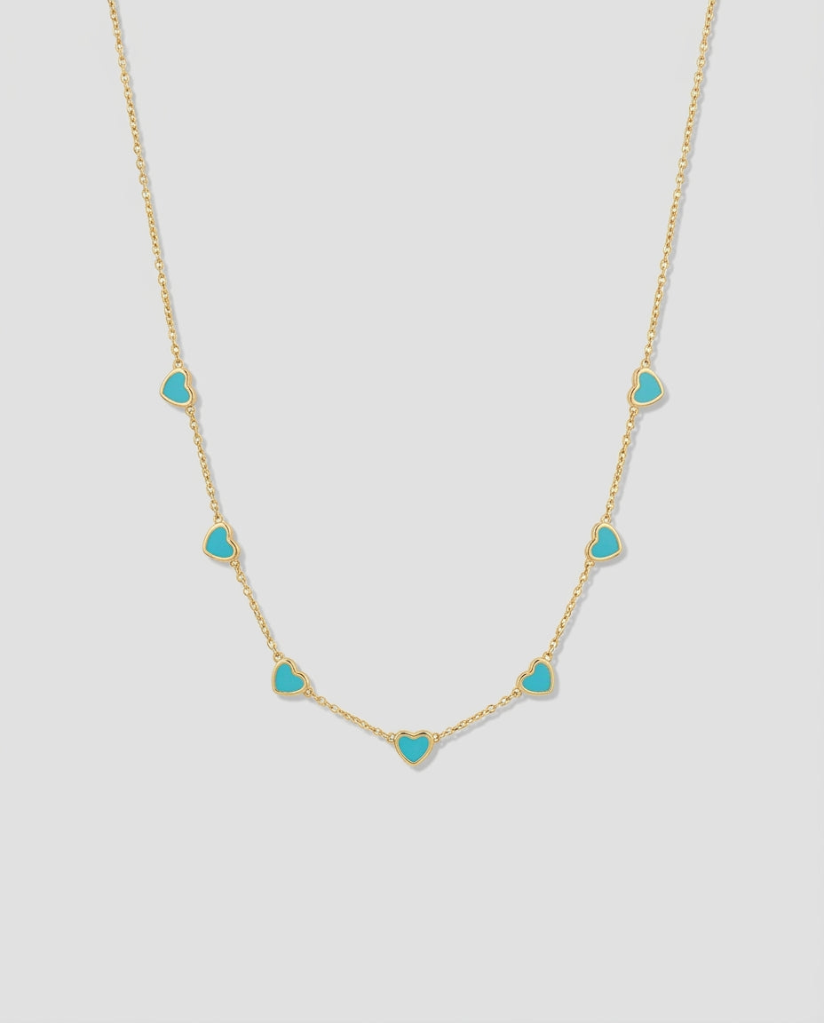 Dainty Gold Necklace with Turquoise Heart Charms