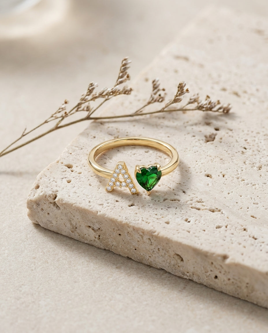Personalized Gold Initial Ring with Heart Birthstone